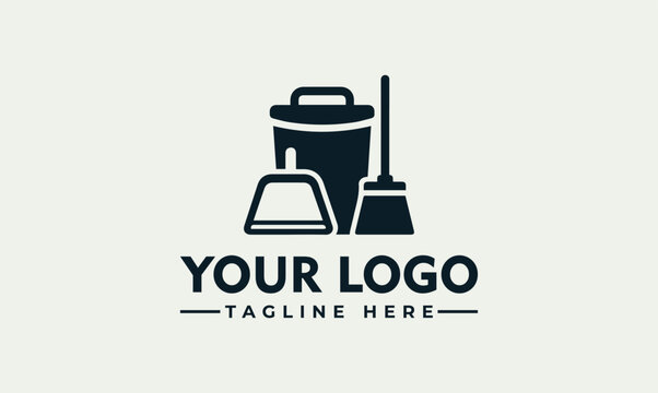 Cleaning Service Logo featuring a Dustpan, Brush, and Trash Can - Business Branding