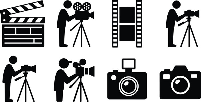 Black silhouette movie and photography vector icon set featuring flat clapperboard cameraman film strip and photo camera elements