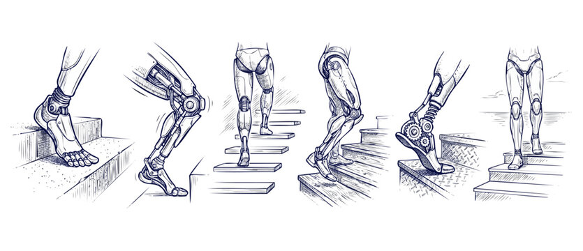 Bionic leg robotic prosthesis sketch climbing stairs set showing futuristic mechanical limbs, cyborg foot engineering, cybernetic design concept, medical rehabilitation technology technical drawing.
