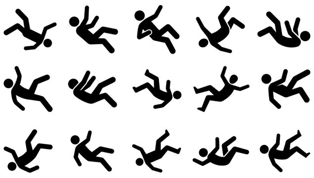 Falling person solid glyph icon set for warning signs. Vector illustration.