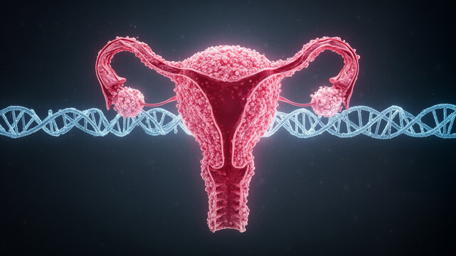 Uterus and Anatomy concept , Uterus with fallopian tubes and ovaries front of DNA helix strands, symbolizing genetic connection