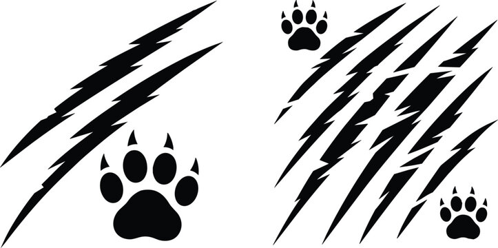 Black silhouette animal claw scratches vector icon set featuring flat monster claw marks and sharp wild beast paw prints
