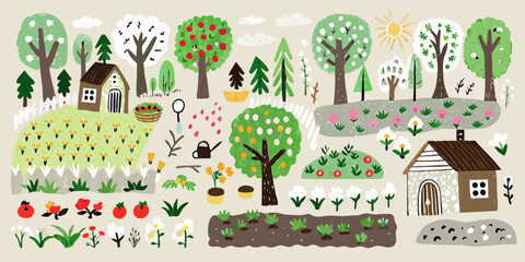 Garden Scene With Trees Vegetables And Houses Vector Illustration © Milton