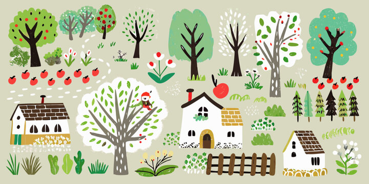Apple trees and cottages whimsical vector illustration with beige background