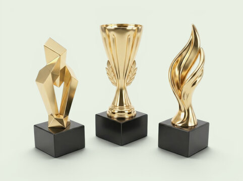 Collection of three unique golden awards and trophies with black bases displayed on a light surface, achievement
