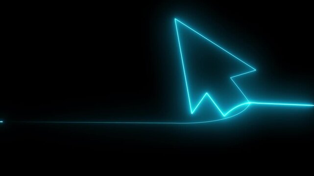 Neon line mouse cursor arrow on black background. Animated continuous one line drawing of a cursor arrow. Cursor. Mouse, pointer, click, button, website, user. Computer