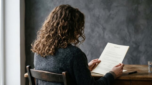 Back view of person with long curly hair reading a business document at a wooden desk against a plain concrete wall, reflecting on career or legal paperwork in a quiet workspace