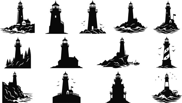Black and white lighthouse illustration collection