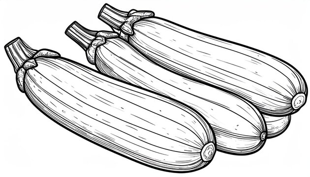 Vintage style engraving of three zucchinis on white background.