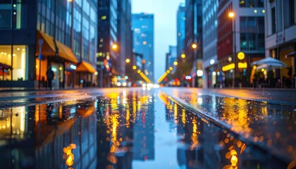 Obraz premium Wet city street at night with neon light reflections.