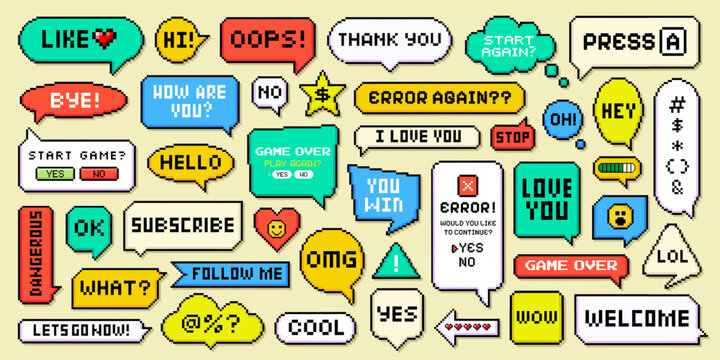 Collection of pixel dialogue box, speech bubble and chat balloon in shape of heart, star, cloud and geometric pattern with comic text. Computer or mobile video game interface. Halftone business icon.