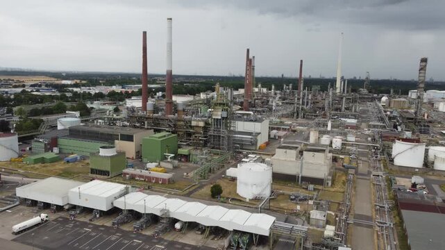 aerial view from oil refinery plant in germany	4k