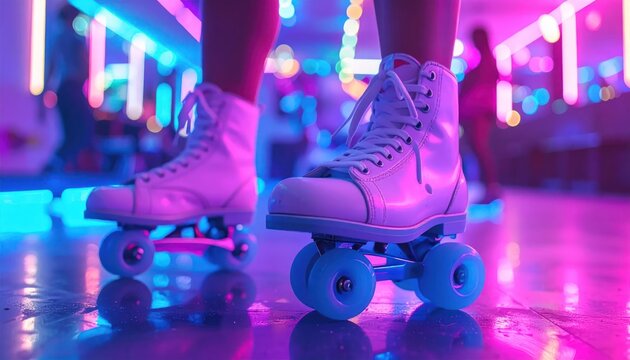 White roller skates on neon lit rink floor background