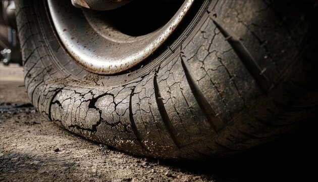 Close-up of worn-out tire fully deflated.