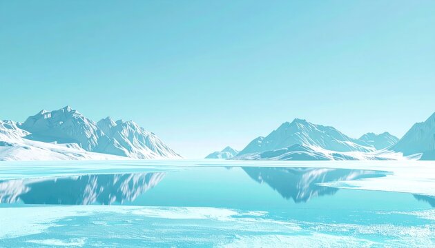Wide view of snowy mountains and frozen polar landscape.
