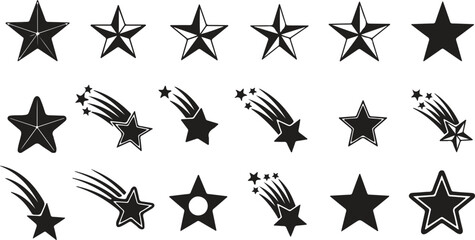 A collection of various black vector stars, nautical stars, shooting stars, and comets with motion trails on white. © Moahmmad