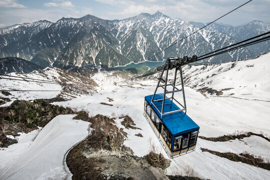 Cable car over the snow-covered Swiss Alps at Mount Titlis, Engelberg, Switzerland. Scenic aerial transportation with breathtaking alpine mountains, winter landscape, and blue sky. Popular travel dest