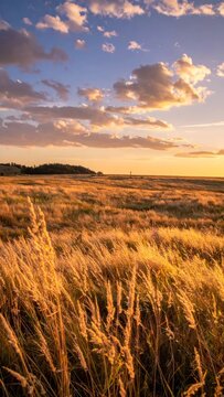 Wild grass field under blue sky with sunset clouds.