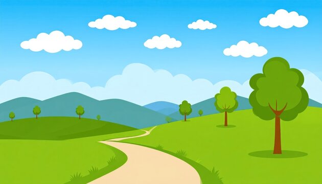 Winding road through green hills under sunny blue sky.