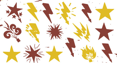 A striking collection of yellow and brown lightning bolts, stars, comic bursts, and fire elements on a textured white background. © Mend