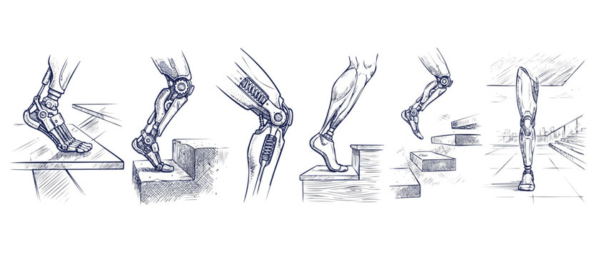 Robotic leg prosthetic bionic limb climbing stairs sketch illustration, medical technology future biomechanics engineering concept design blueprint drawing for human enhancement rehabilitation