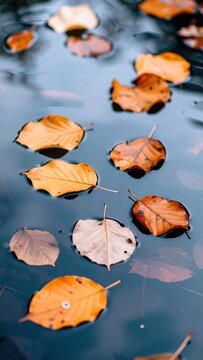 Yellow and orange fall leaves scattered on a dark pond.