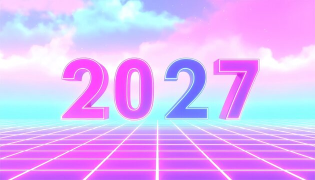 Year 2027 retro synthwave neon grid and clouds background