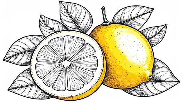 Yellow lemon and lemon slices with leaves vintage illustration.