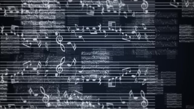 Musical notes background floating data music panels, blurred staff lines, studio depth, cinematic motion. music concert promos, sound intros, classical themes, lyrics titles, creative overlays editing