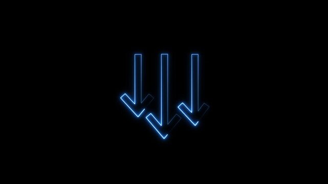 Glowing blue neon triple arrows moving downward animation on black background, perfect for tech interface, download concept, data transfer, or futuristic UI design.