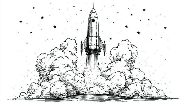 Rocket Launch Spectacle: A retro-style rocket ascends into the starry night sky, blasting off with immense power and a billowing cloud of smoke from its fiery engines.