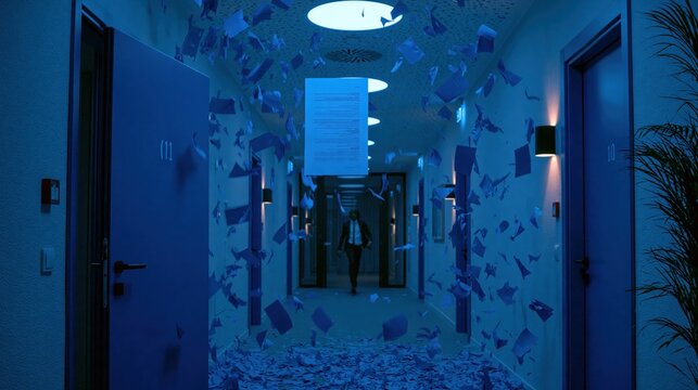 Man walks down a hallway filled with falling blue paper under moody lighting.