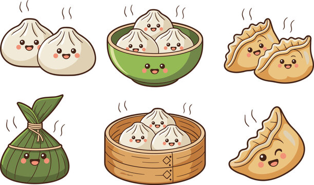 Cute dim sum vector icon set featuring kawaii cartoon characters of steaming baozi dumplings, gyoza, and zongzi in bamboo steamers.