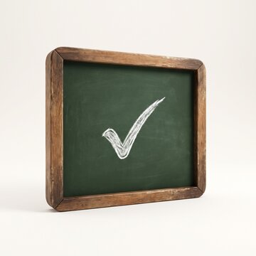 Mini Rustic Wooden Chalkboard with White Check Mark on Plain Background &ndash; Approval and To-Do List Concept