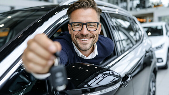 New Car Acquisition: A smiling man with glasses holds up car keys, showcasing his new vehicle with pride and excitement in a modern showroom.