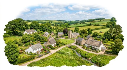 Obraz premium Aerial view of a small rural english village with old stone cottages and green fields surrounded by trees and nature