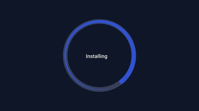 Minimal animated circular progress ring displaying installing status on a dark background. Modern motion graphic for software installation, application setup, loading, and technology interfaces.