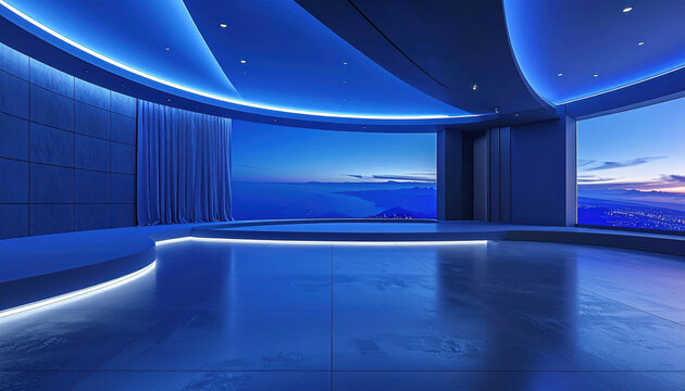 Modern futuristic studio interior with large curved screen showing a scenic twilight landscape and city lights