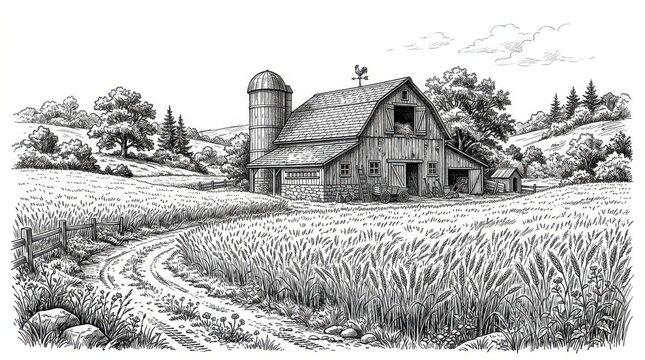 Rustic farm barn with a silo in a wheat field with a dirt path in a countryside landscape vintage engraving style