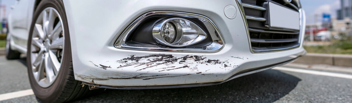 Damaged Car Bumper: A close-up shot showcases a white car's front bumper with significant scratches and scuff marks, highlighting damage from a minor collision on an asphalt road.