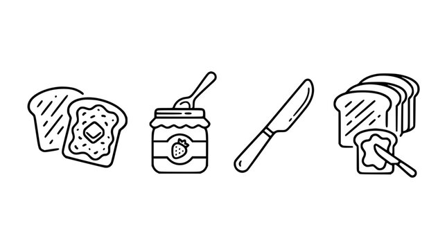 Breakfast toast and strawberry jam line art icon set featuring sliced bread butter knife and sweet jelly jar vector illustration isolated on white background
