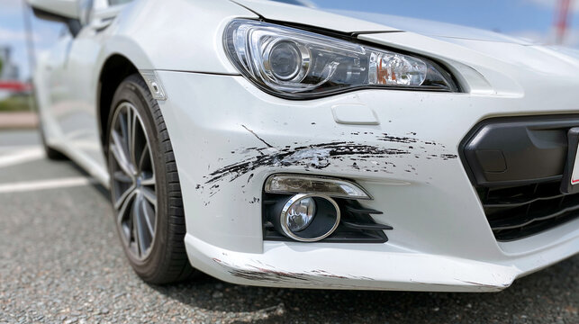 Damaged White Car Bumper: A close-up shot reveals the front bumper of a white car with significant scratch marks and black paint transfer from an impact, highlighting vehicular damage.