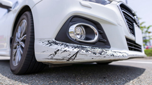 Scratched Car Bumper Detail: A close-up view of a white car's front bumper showing significant black scratches and scuff marks, highlighting damage from a collision.
