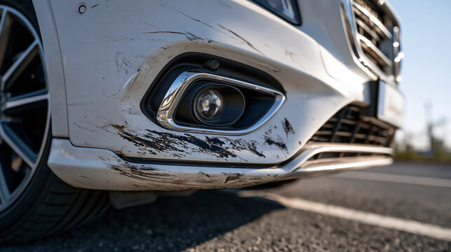Damaged Car Bumper: A close-up shot reveals the extent of damage on a white car's front bumper, with deep scratches and scuffs marring its surface.