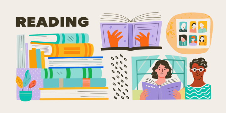 Reading Theme Illustration With Books And People Colorful Vector Graphic
