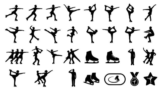 Figure skating silhouette collection featuring ice dancers performing jumps spins and spirals with skates medals and rink elements black vector illustration isolated on white background