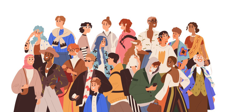 Diverse crowd, happy people group together, different ages, styles, ethnicities. Multicultural community, various male and female characters. Flat vector illustration isolated on white background