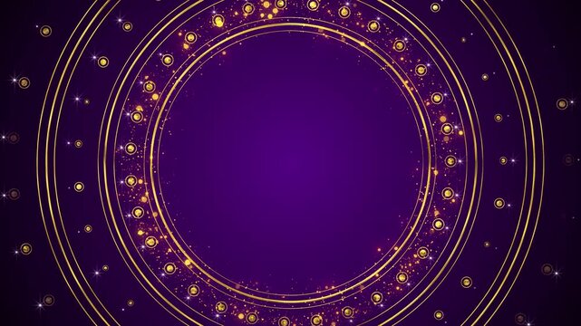 Purple gold circular frame sparkling ring particles, elegant radial lines, royal dark depth, clean space. wedding titles, festival greetings, luxury intros, award reels, celebration promos, overlays.