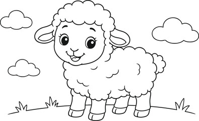 Obraz premium Cute Baby Sheep Coloring Page for Kids – Farm Animal Black and White Outline Cartoon Illustration