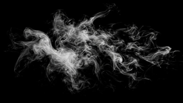 Swirling white smoke wisps on black background